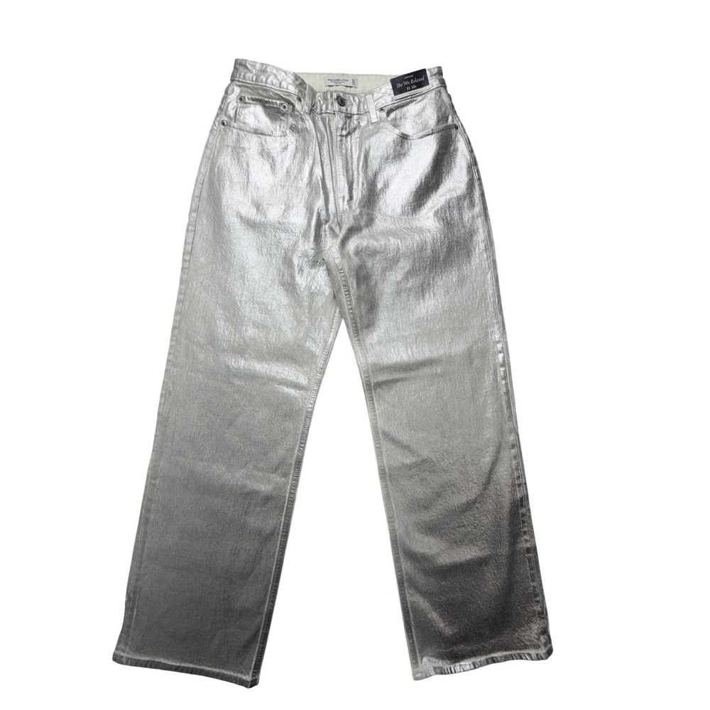 Abercrombie & Fitch 90s Relaxed High Rise Jeans Womens 31 12R Silver Metallic - Picture 1 of 15